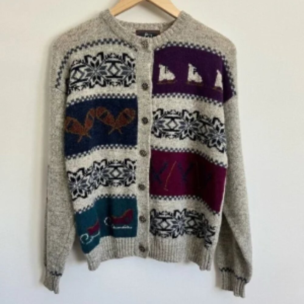 Vintage Woolrich Cardigan Sweater L Winter Ice Skates Snow Shoes 80s 70s Sleds